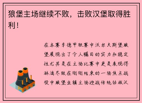 狼堡主场继续不败，击败汉堡取得胜利！
