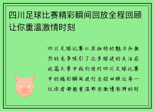 四川足球比赛精彩瞬间回放全程回顾让你重温激情时刻